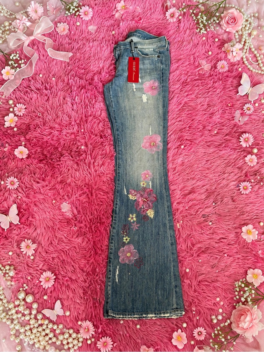 Guess Blue Denim Flare Jeans with Pink Floral Embroidery